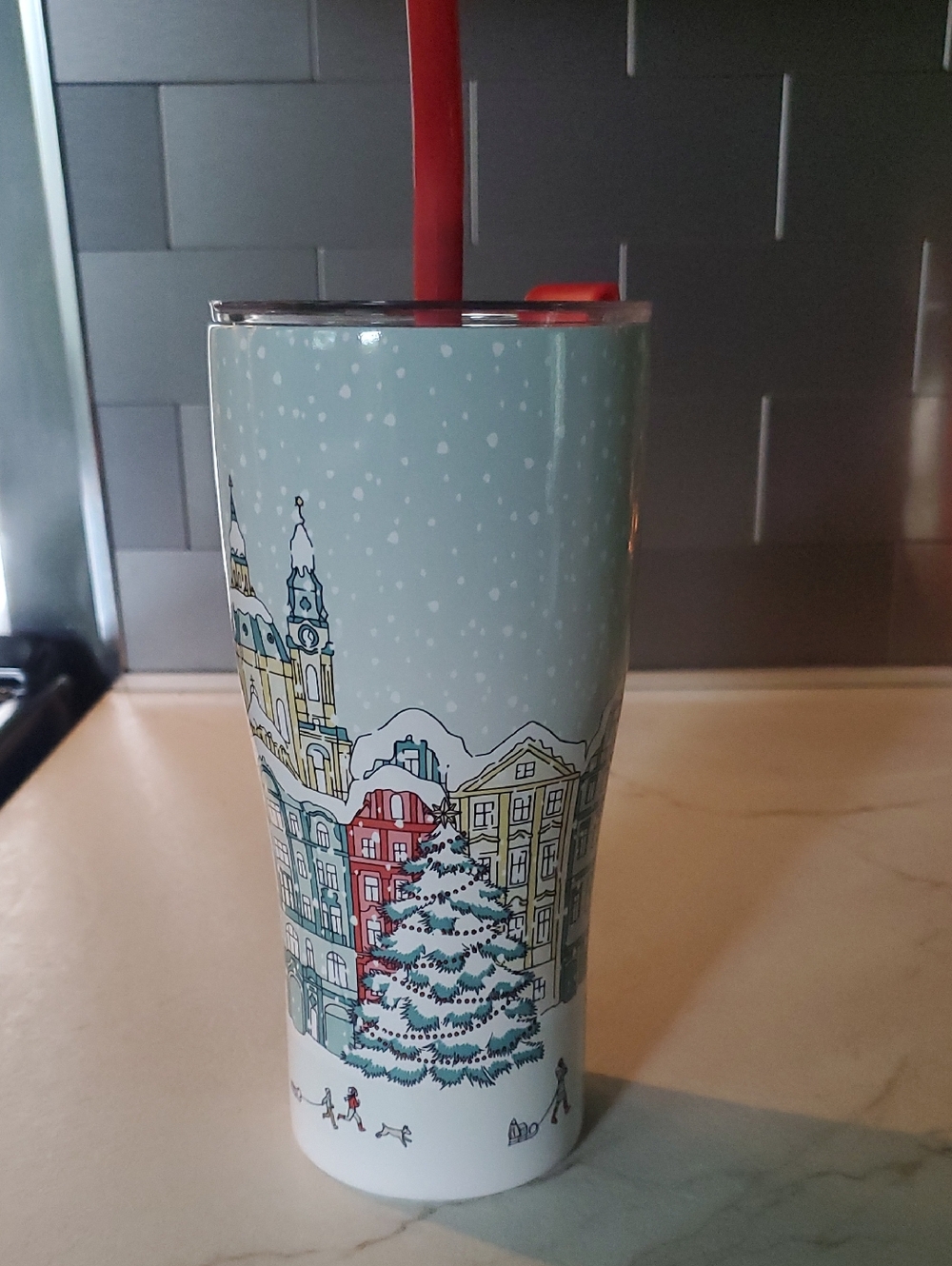 Winter Cityscape Tumbler - Light Blue with Red Accents